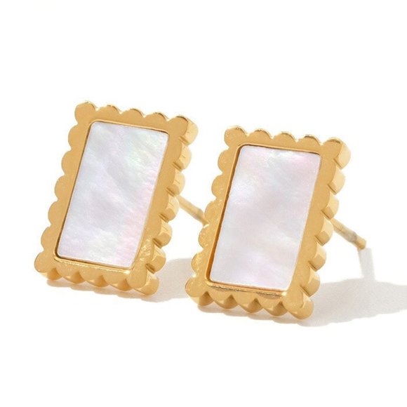 White Shell Rectangle 18K Gold Plated Stainless Steel Stud Earrings - Picture 3 of 6